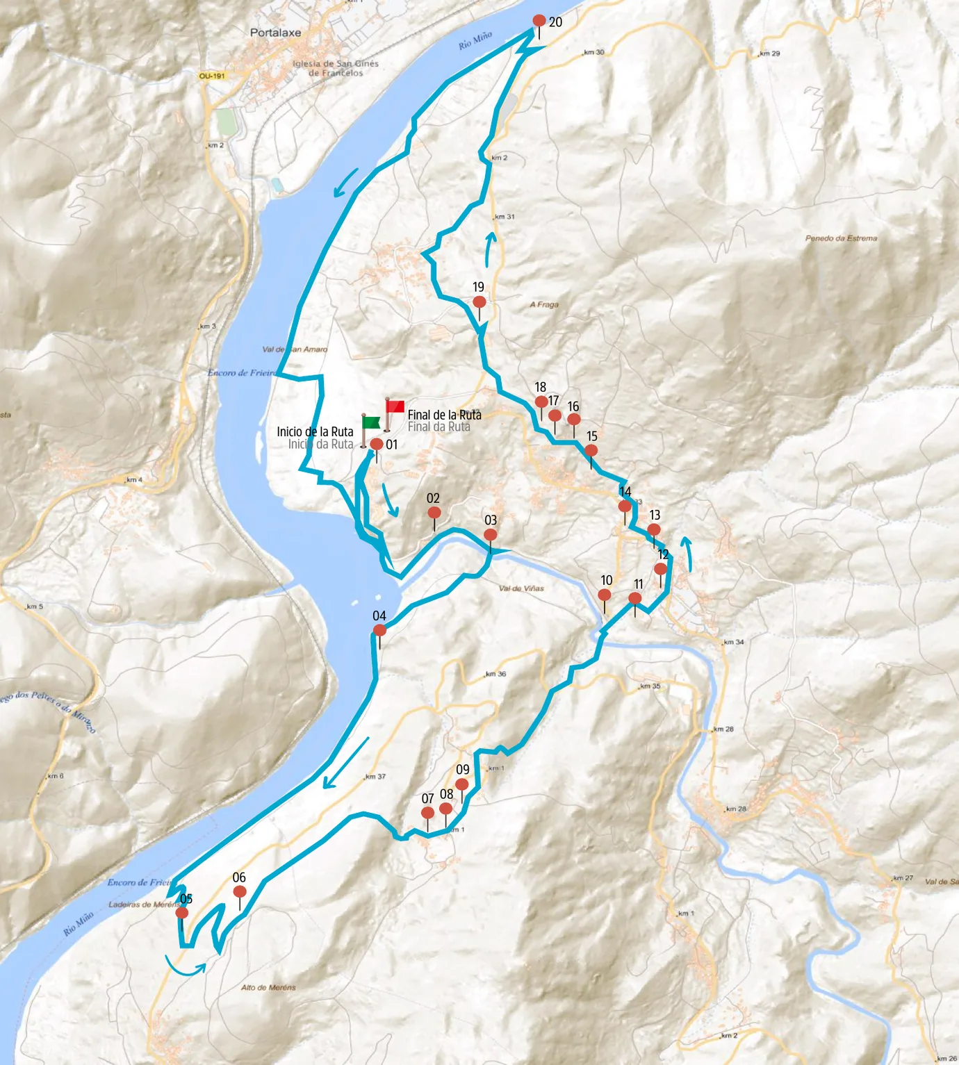 Mapa de la Ruta Fluvial e do Camiño-Miñoto en A Arnoia
