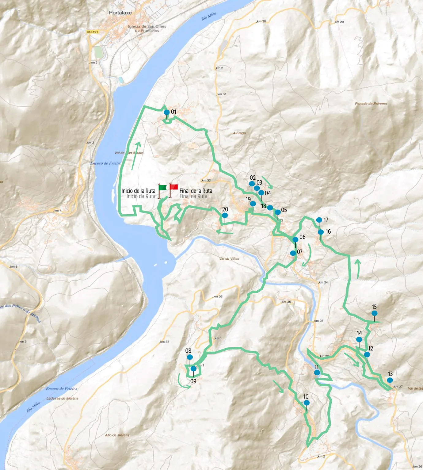 Mapa de la Ruta das Fontes e Lavadoiros en A Arnoia