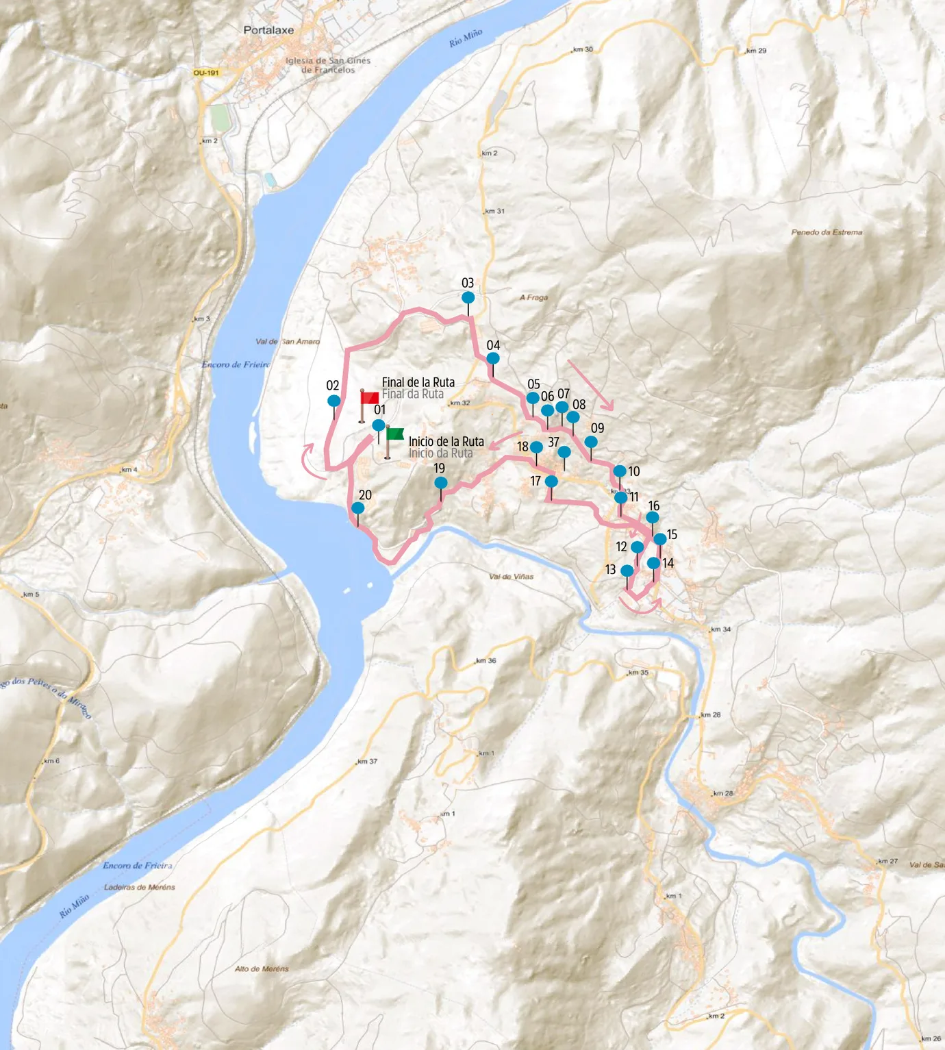 Mapa de la Ruta Monumental Curta en A Arnoia